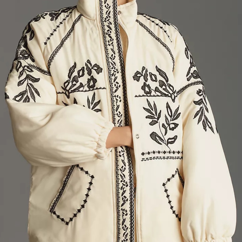 Anthropologie Embroidered Puffer Coat